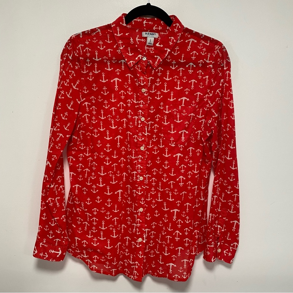 Red and white anchor print button down shirt